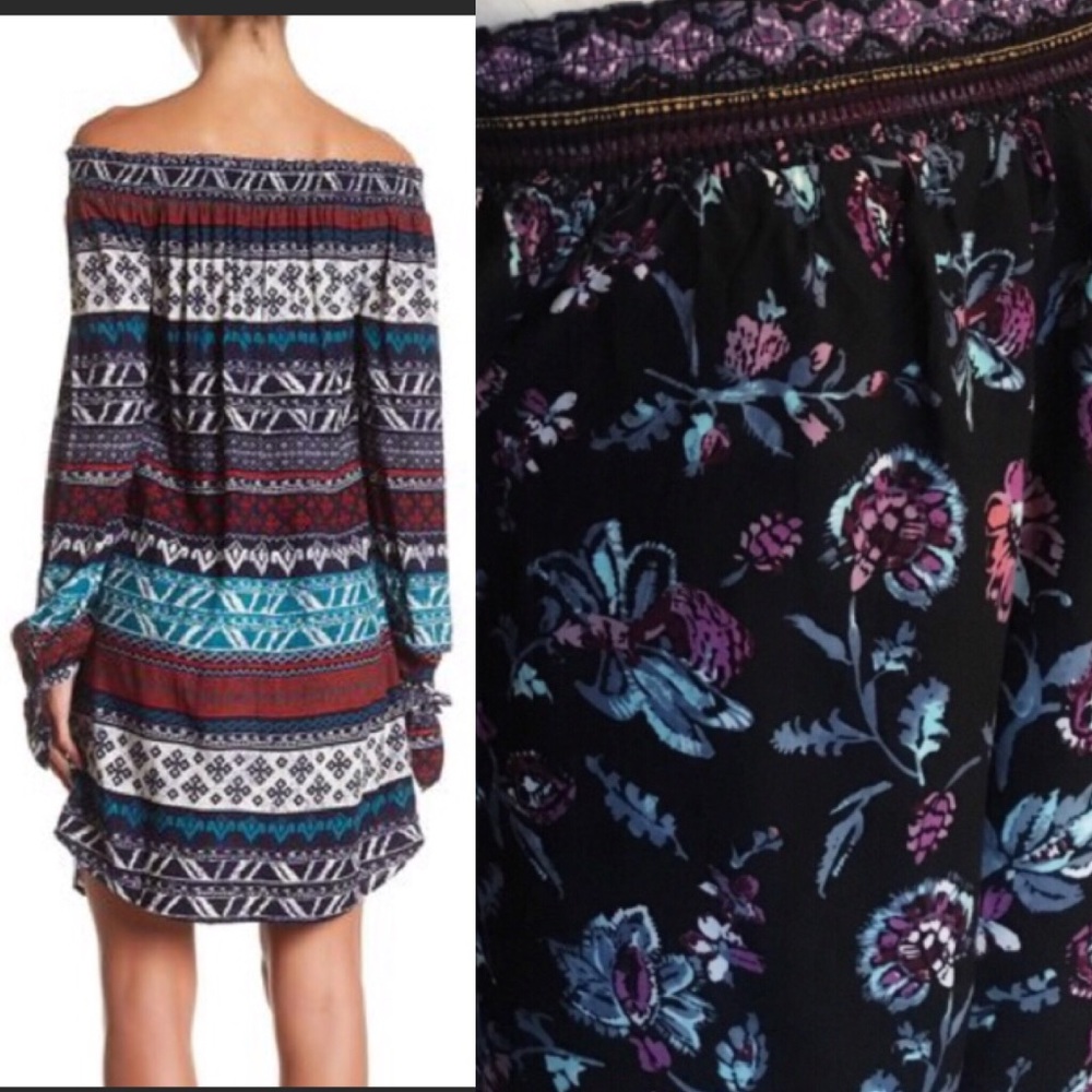 Black floral  off the Shoulder Long-sleeve Dress